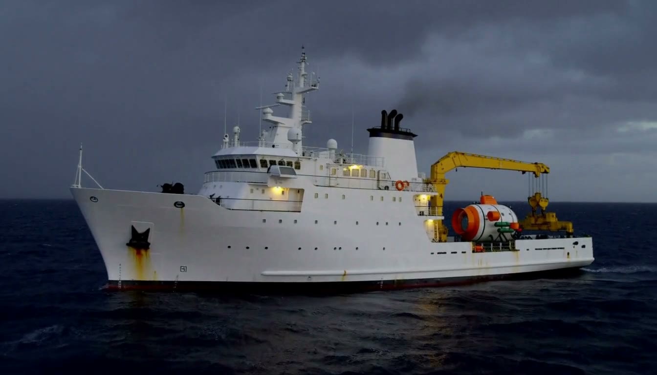 A research vessel at dusk on a dark sea