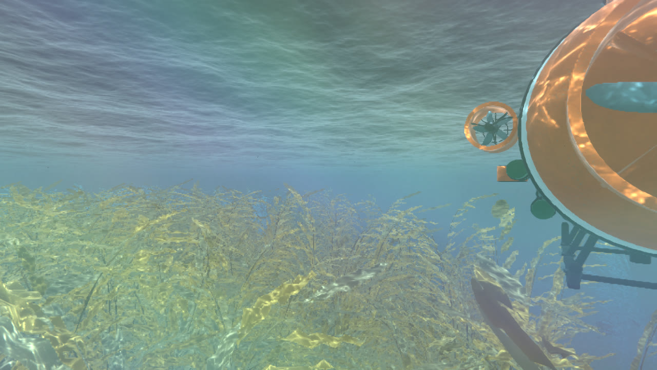 The submarine hovering over a kelp field