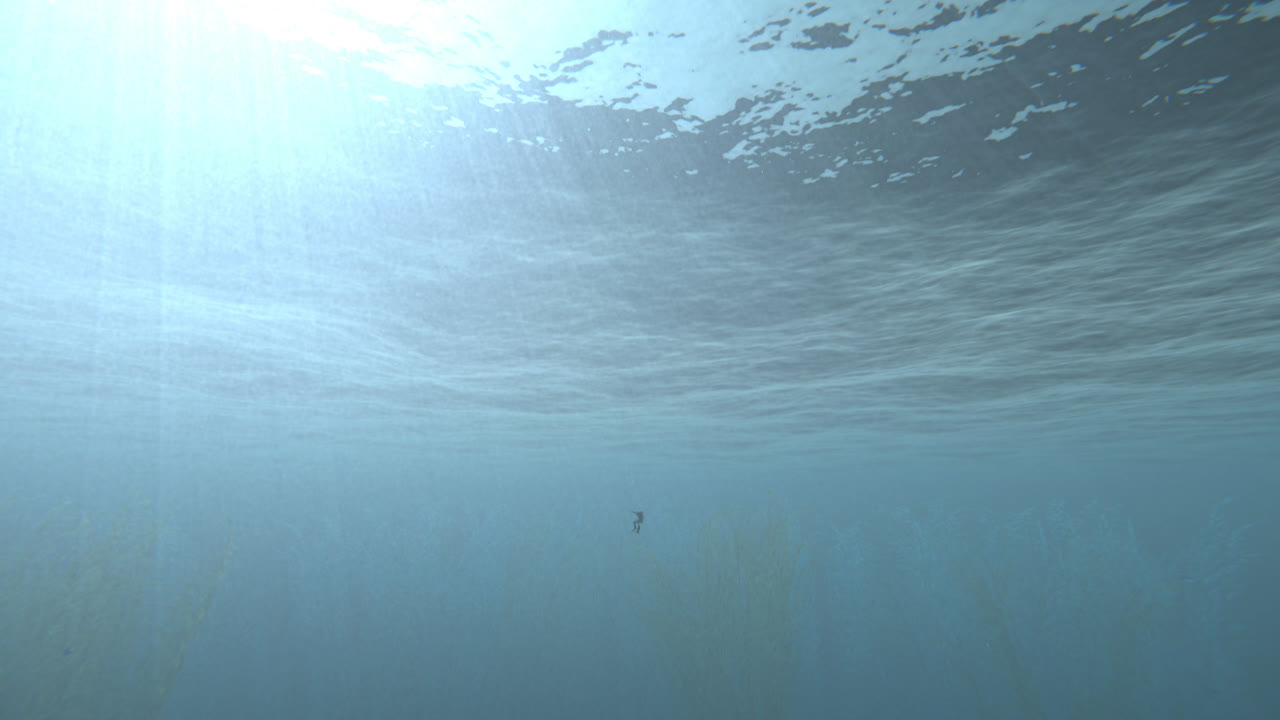 A lone diver under shafts of sunlight far below the surface